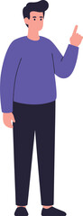 Animated character man pointing finger upward suggesting idea or making a point in a modern style flat design vector illustration white background