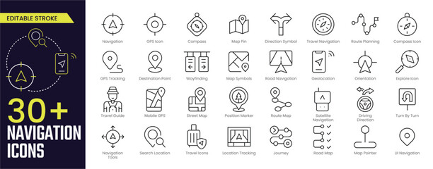 Navigation & GPS Outline Icons   Compass, Map Pin, Route Planner, Geolocation, Street Map, Travel & Orientation Symbols   Editable Stroke Vector Collection © Iconic Space