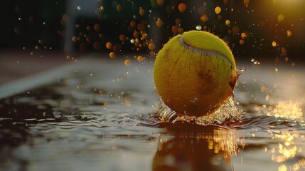 close-up of tennis ball splashing into a puddle on clay court, slow motion rain droplets