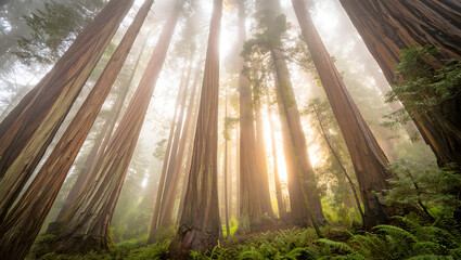 Looking up through towering redwood trees with sunbeams in a misty forest tall ancient isolated on a transparent background