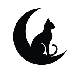 Naklejka premium Silhouette of a cat sitting on a crescent moon