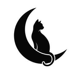 Elegant silhouette of a cat sitting on a moon