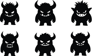 Scary monster silhouette set, cute but creepy cartoon creatures with horns and sharp teeth, Halloween characters, mascot design, vector illustration