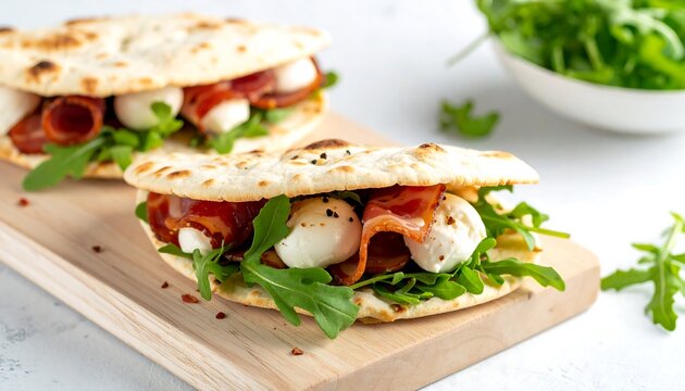 Two delicious flatbread sandwiches, filled with cured meats, fresh mozzarella, and peppery arugula, are presented on a light wooden board.