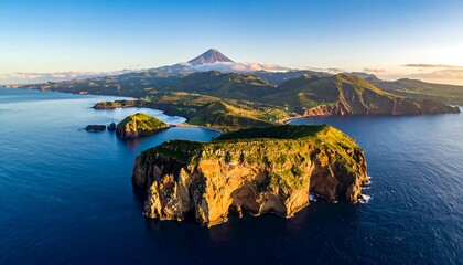 A breathtaking aerial view of a dramatic coastal landscape, showcasing rugged cliffs, lush vegetation, and a tranquil bay nestled between towering mountains and a vibrant blue ocean.