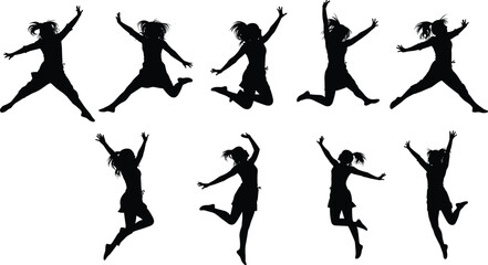 Silhouette people jumping in air, happy dance poses vector, freedom energy illustration, joyful movement, lifestyle concept design, celebration art