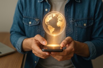 Hands holding smartphone with glowing golden holographic world globe symbolizing global communication, internet connectivity and international business technology
