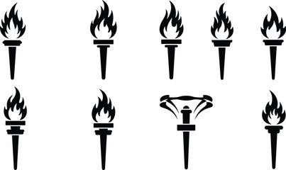Torch flame vector icons set, black silhouette illustrations of burning fire torch for freedom, victory, Olympic games, and heritage design