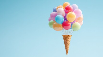   A cluster of balloons bobbing in the air, forming an upside-down ice cream cone shape