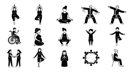 Icon set of vector art of compilation of black and white icons featuring yoga, pregnant women, and individuals in motion