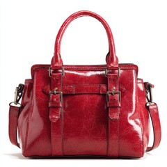 Elegant Red Leather Handbag with Buckles Isolated on White Background