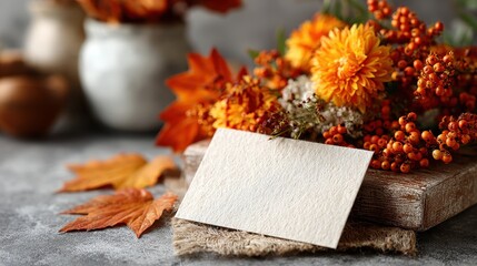 Autumn still life with blank card, orange flowers and berries arrangement