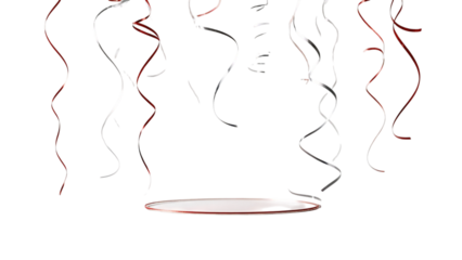 Red and silver celebration with falling star confetti and festive ribbons, Transparent white background 