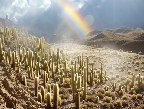 Cactus field in a arid desert with a rainbow