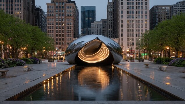 Reflective bean sculpture in city park at twilight