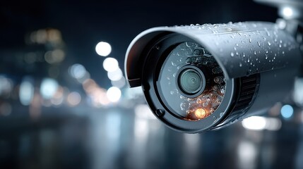Security Camera in the Rain at Night, Surveillance and Protection Concept