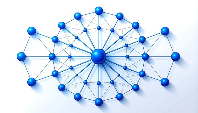 Abstract blue network model with connecting spheres on a white background