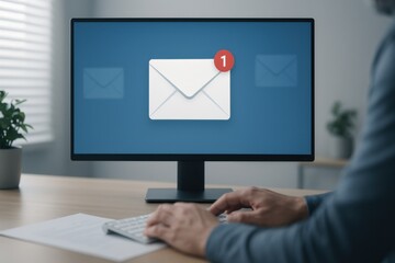 Office worker typing at computer with new email notification icon on screen representing online communication and digital message alert
