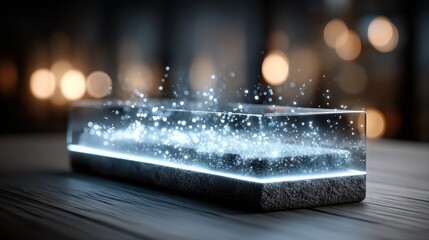 Abstract Glass Block with Glowing Particles on Wooden Surface, Bokeh Background