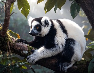 Obraz premium Black and white lemur on a branch