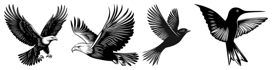PNG Silhouettes of various flying birds, element set on transparent background