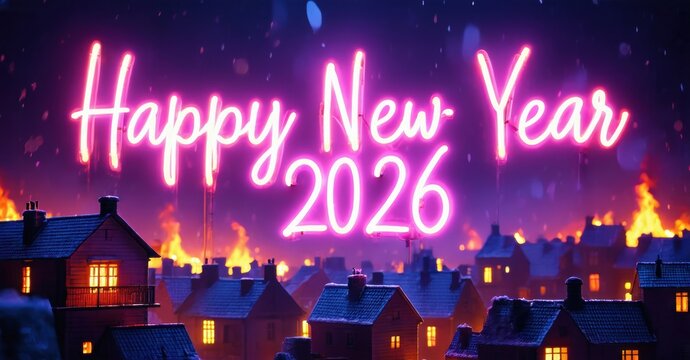 Neon sign displays Happy New Year 2026 above city rooftops. Festive illumination, dark background creates vibrant scene.