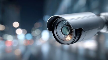 Security Camera Surveillance System with Blurred City Lights Background