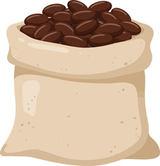 A rustic burlap sack overflowing with delicious dark coffee beans ready for brewing or roasting flat design vector illustration white background