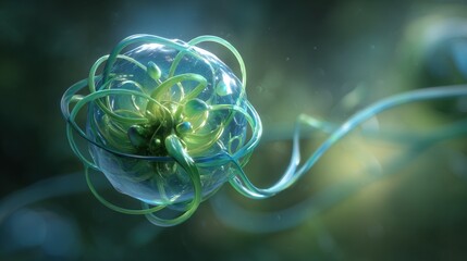   A picture of a flower made by a computer, with a green core and blue and green spirals surrounding it against a black backdrop