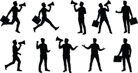Megaphone silhouettes, business professionals, public speaking, announcement concept, communication activity, protest expression, leadership message, illustration set