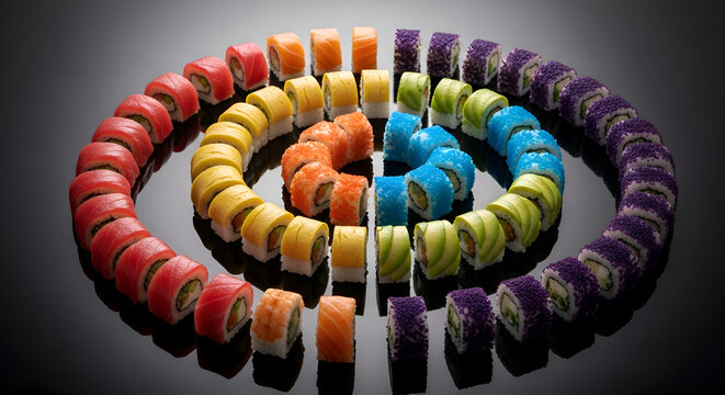 Vibrant Sushi Arrangement in Gradient Colors Showcasing Fresh Ingredients and Exquisite Presentation