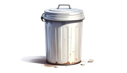A weathered and worn metal trash can isolated on a white background