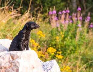 Black animal on rocks, flowers in background