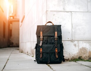 Black backpack leaning against a light gray stone wall