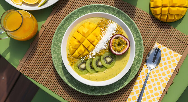 Vibrant Tropical Smoothie Bowl with Fresh Fruits and Refreshing Citrus Accents