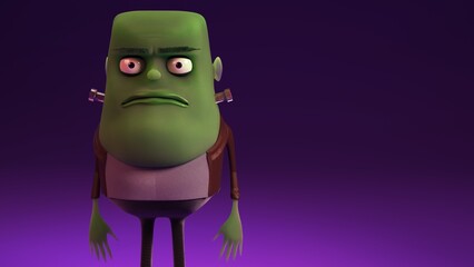 Frankenstein character front view with bolts and jacket on purple background