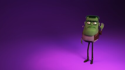 Frankenstein character front view with bolts and jacket raising hand on purple background