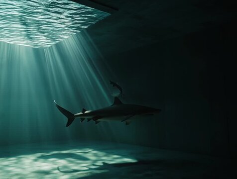 In a dark room, an open square skylight on top of which sharks swim in the light and shadow