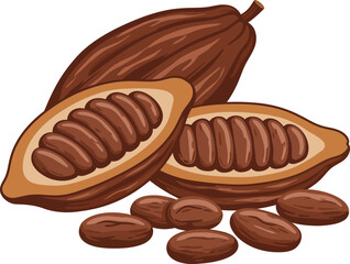 Fresh cacao pods and beans isolated food ingredient for chocolate making organic raw cocoa flat design vector illustration white background