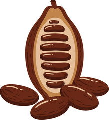 Delicious cacao pod seed and beans freshly harvested for chocolate making ingredient food flat design vector illustration white background