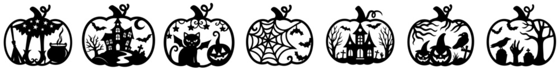 Set of Halloween carved pumpkin silhouettes with haunted house, witch, bats, spider web, black cat and graveyard, spooky decorative collection for creepy holiday night