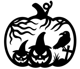 Halloween carved pumpkin silhouette with two creepy jack-o-lantern faces in witch hats, perched raven on cross and twisted tree roots, haunted night atmosphere of dark witchcraft