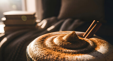 Warm And Frothy Coffee With Cinnamon Sticks Displayed Close-Up For Cozy Atmosphere