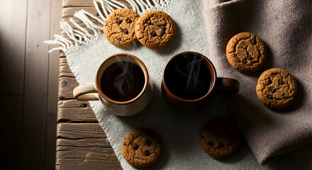 Fototapeta premium Warm Coffee And Cookies Arrangement On Wooden Table, Cozy And Relaxing Experience