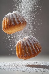 madeleine cake flying with powdered sugar, isolated on white background