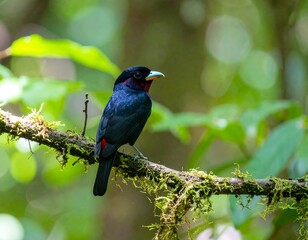 Black bird perched on a branch in a lush forest