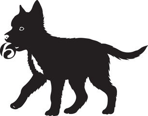 black vector of dog playing with ball in silhouette