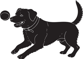 black vector of dog playing with ball in silhouette