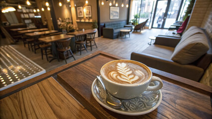 Warm latte art in a cozy coffee shop setting