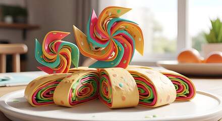 Whimsical Rainbow Layers With Decorative Windmills, Placed Elegantly On A White Plate